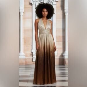 0099 Elegant Metallic Ombre Halter Maxi Dress